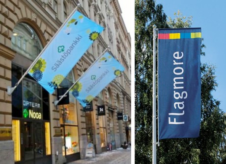 Mainosliput, vasemmalla Flag Extender, oikealla Banner Lift